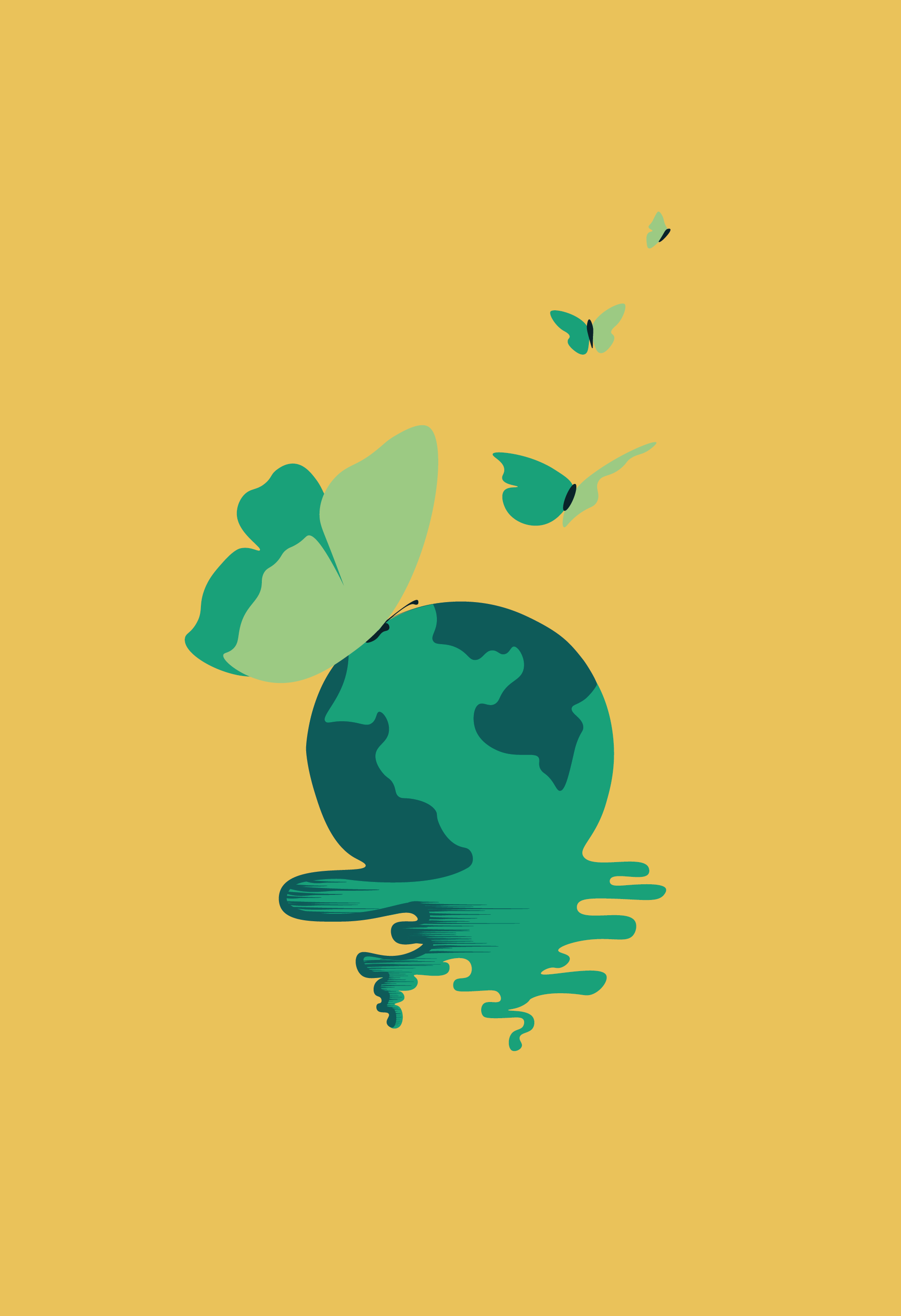 Stylized melting earth with butterflies around it
