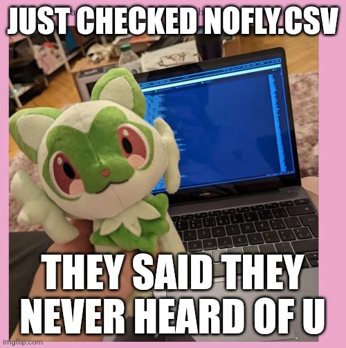 a spirigatito (green cat Pokemon) plushie in front of a laptop with a blurred text file open. big caption over the image: “JUST CHECKED NOFLY.CSV, THEY SAID THEY NEVER HEARD OF YOU”
