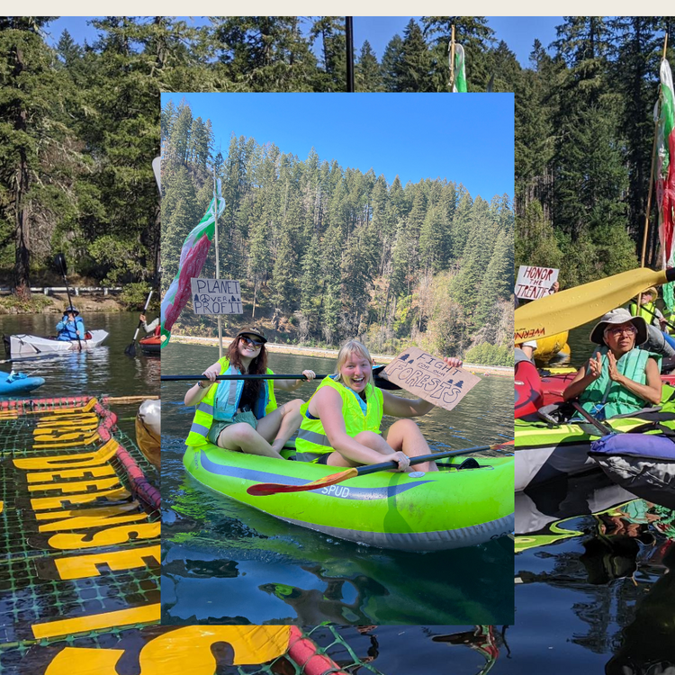 several kayakers row while holding signs in support of protecting flat country