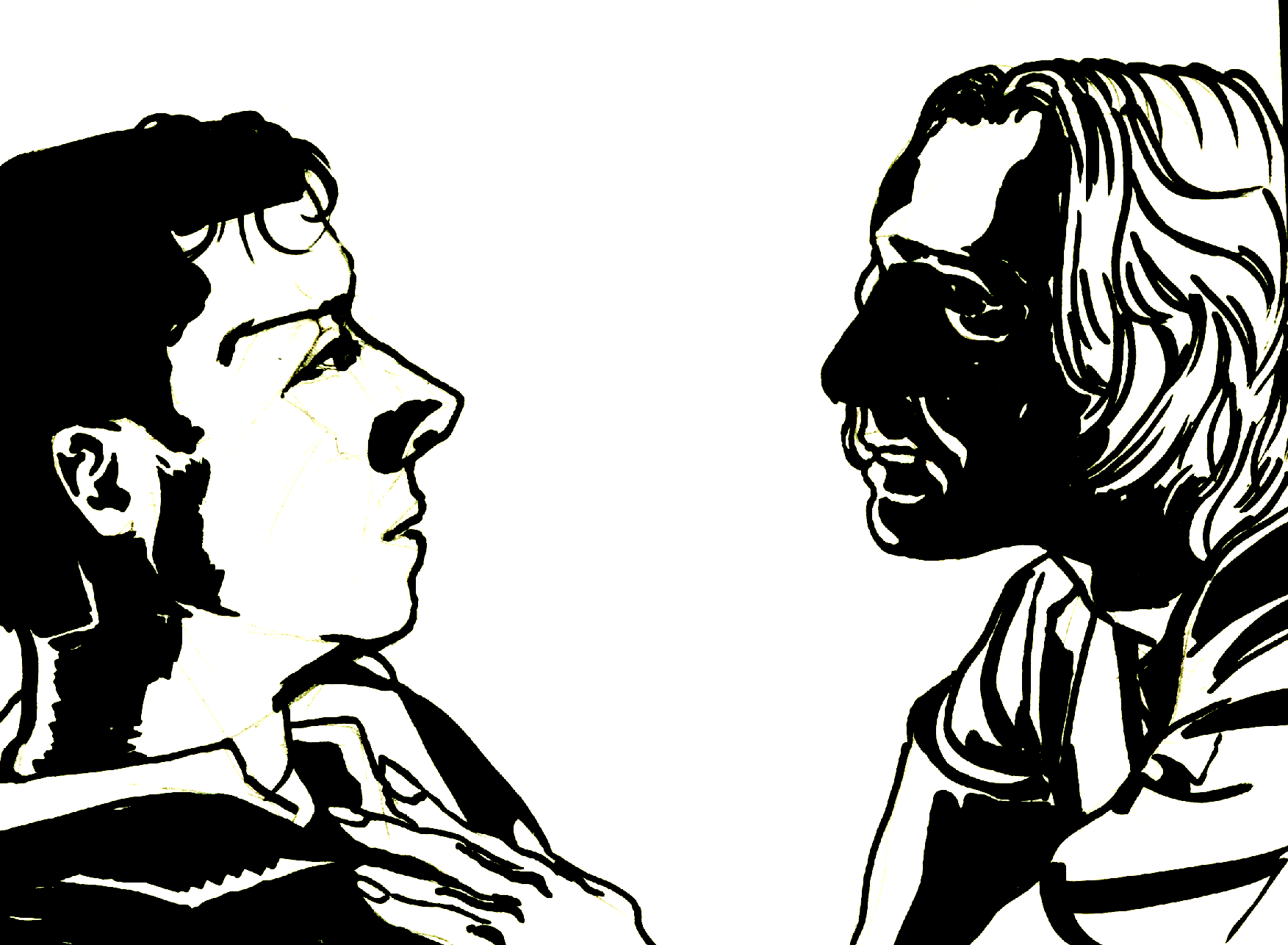 B/w, two men in profile in a moment of romantic tension, redraw of a screencap from Interview with the Vampire (2022)