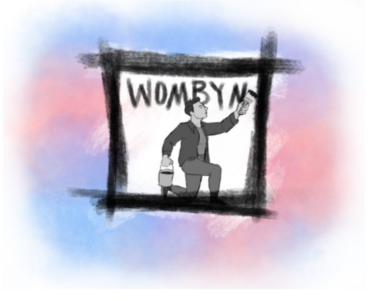 Art piece depicting a person painting the word &ldquo;Wombyn&rdquo; on an abstract space