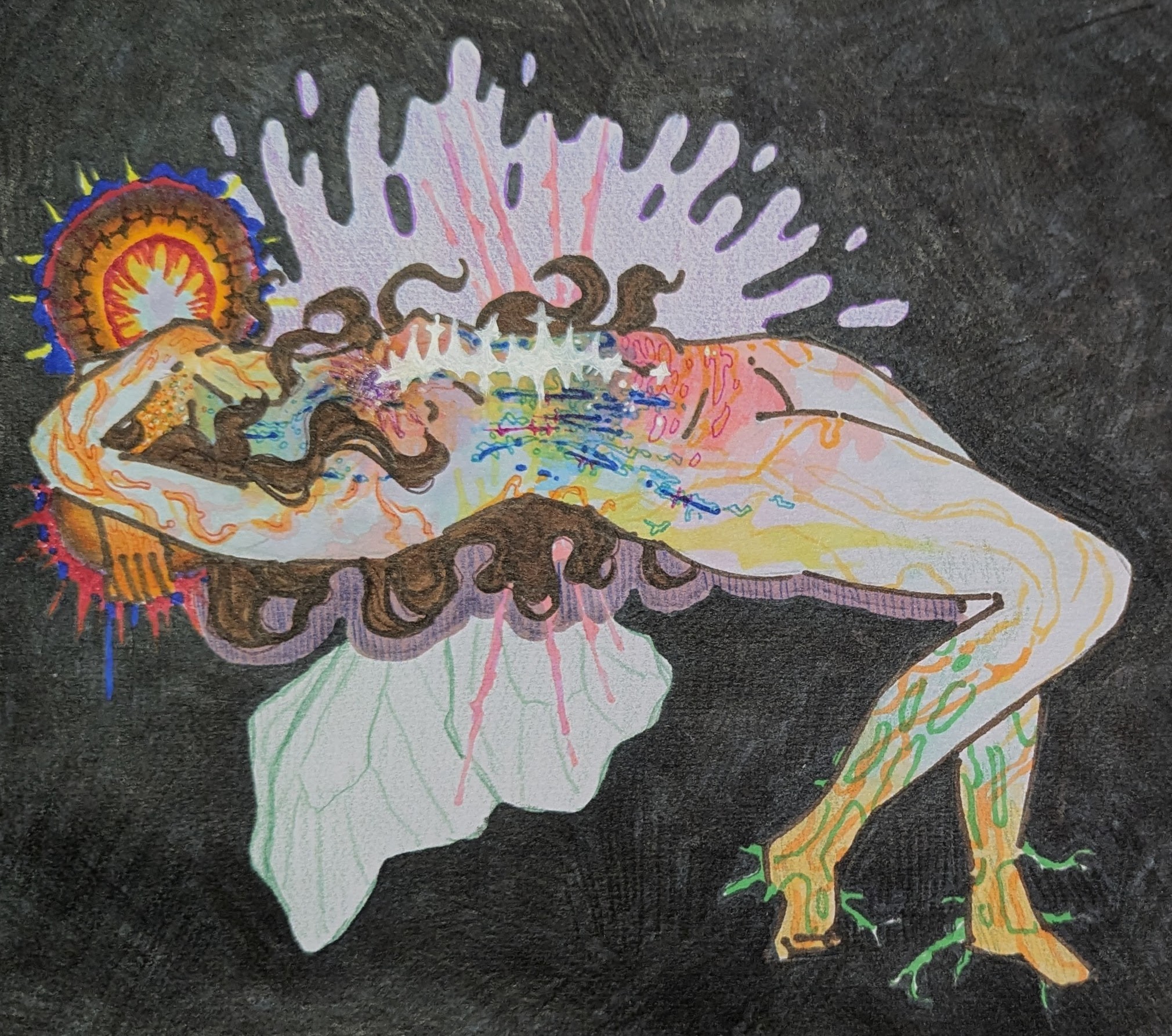 Femme body bending backwards, feet have roots, head is glowing, hair is long, has wings, rainbow texturing, insides opening up