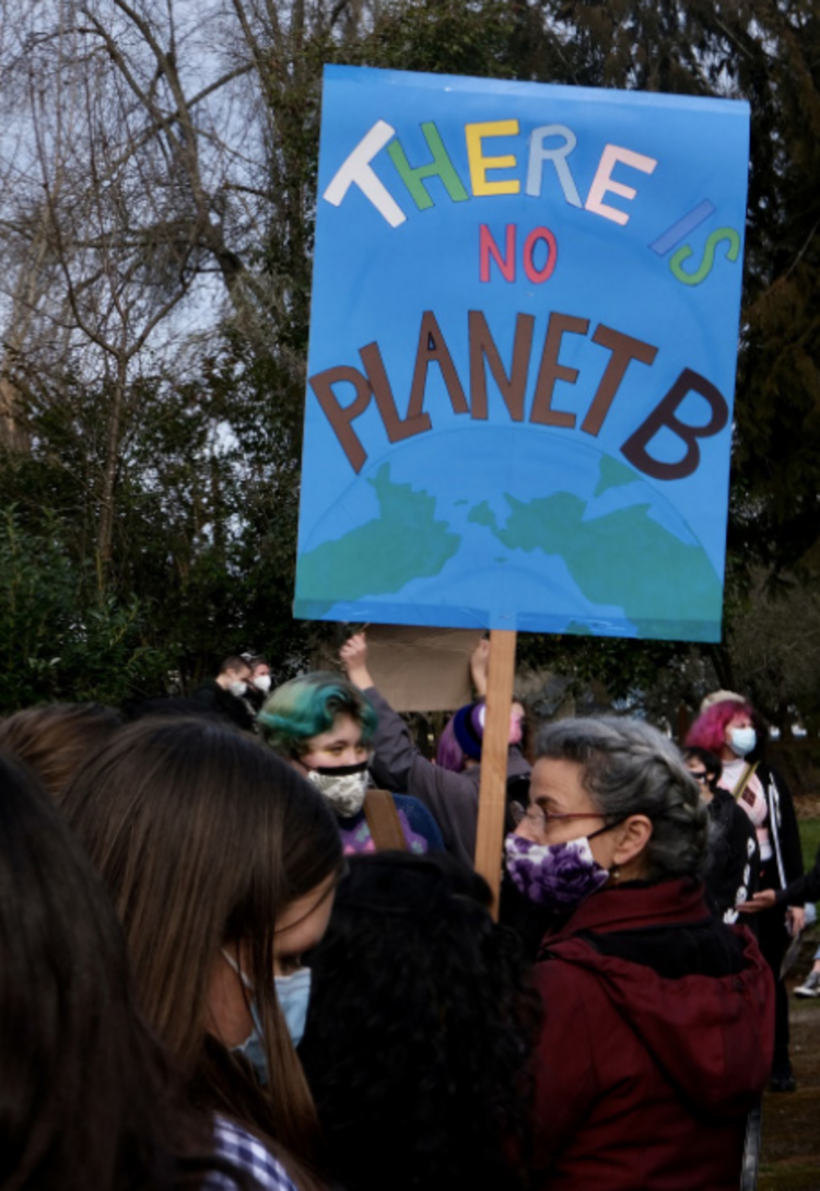 A large handheld sign reads “There is no planet B”
