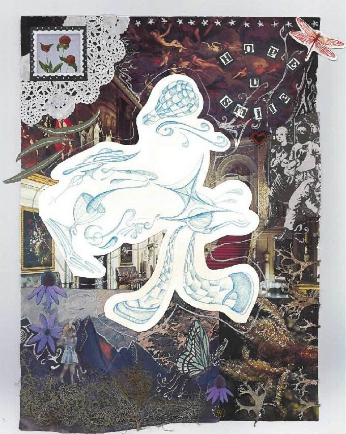 with letters &ldquo;hope you smile&rdquo; collafe contains dragonfly, butterfly doilies, a stamp with flowers on it, folliage, flowers, and in the background has a majestic greathall from 1800s