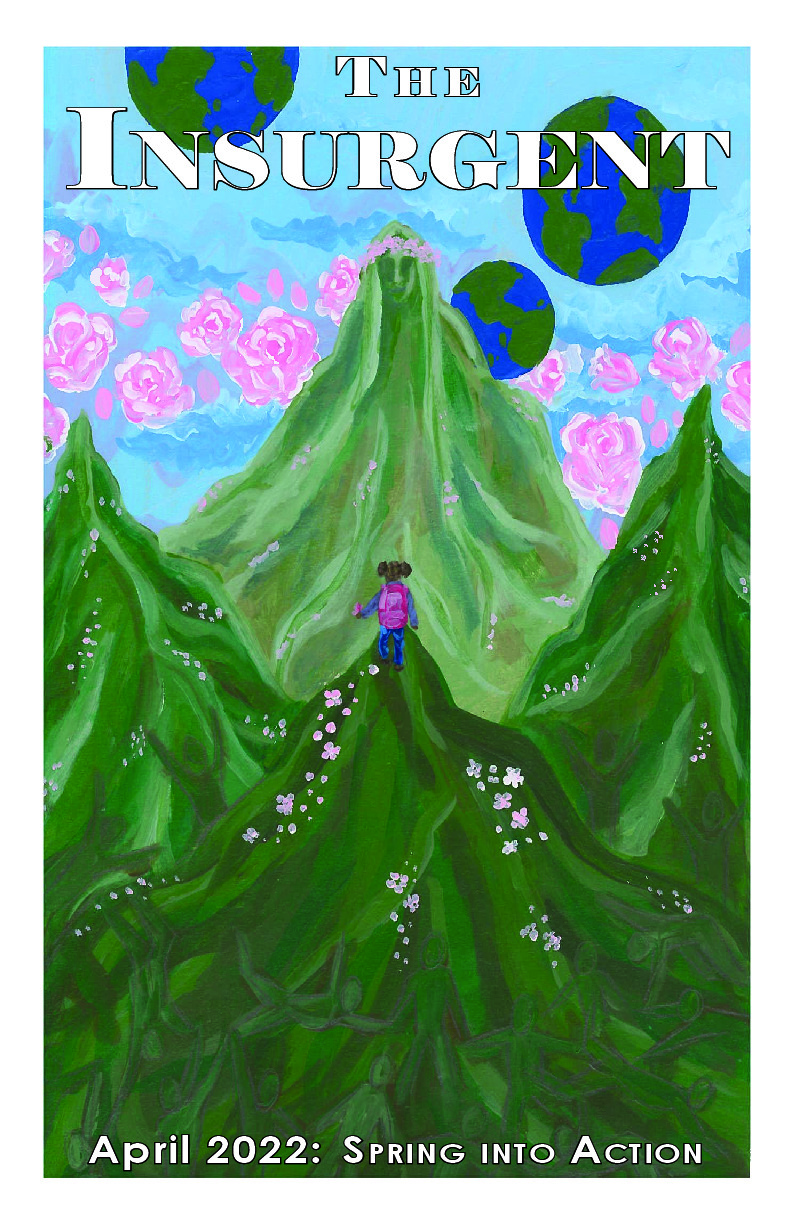 A young girl climbing a mountain to find a fantasy world with floating planets and cherry blossoms
