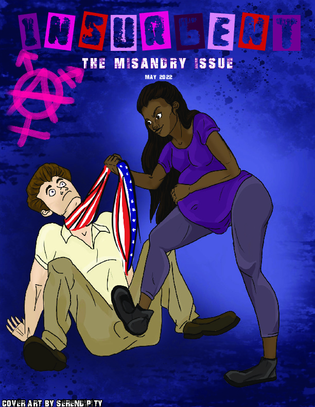 A pregnant black woman stomping on the crotch of a white man and strangling him with the american flag.