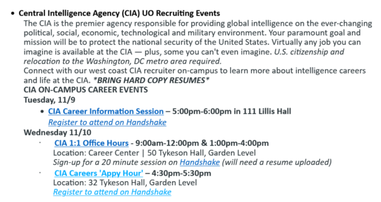 Screenshot of an email advertising recruiting for the Central Intelligence Agency