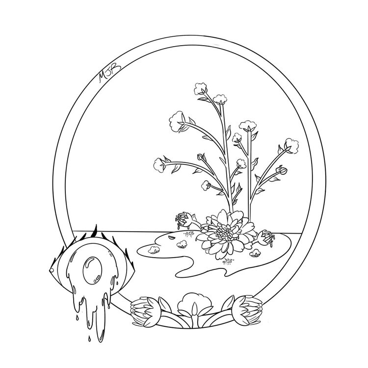 a seal with flowers on an island, and a bleeding eye in the bottom-left corner