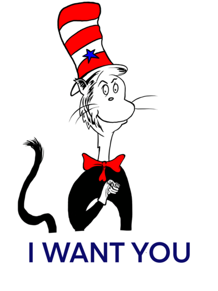 Cat in the Hat dressed as Uncle Sam. The caption reads “I Want You”