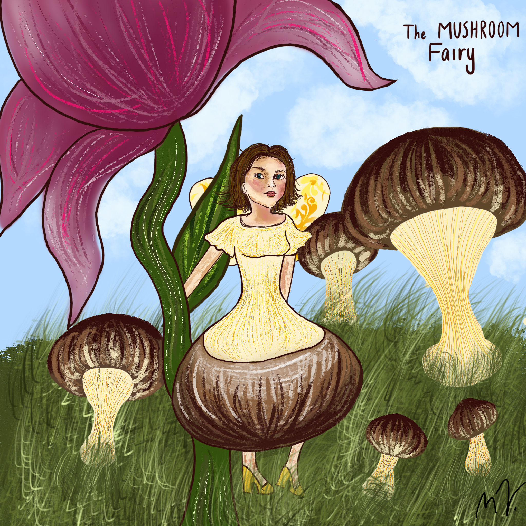 A fairy wearing a yellow dress just vibing around some mushrooms and a pink rose