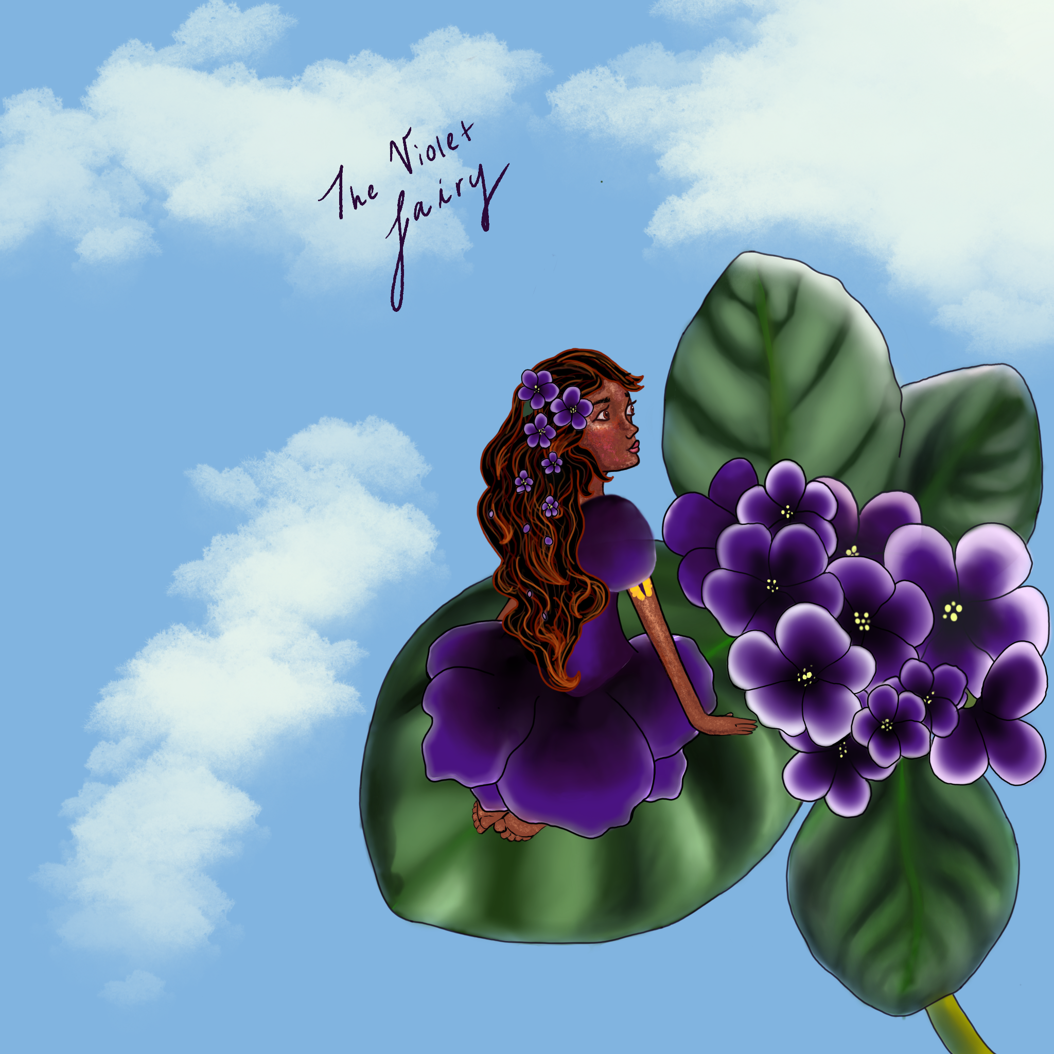 A fairy wearing a purple dress and purple flowers in her hair lays on a violet