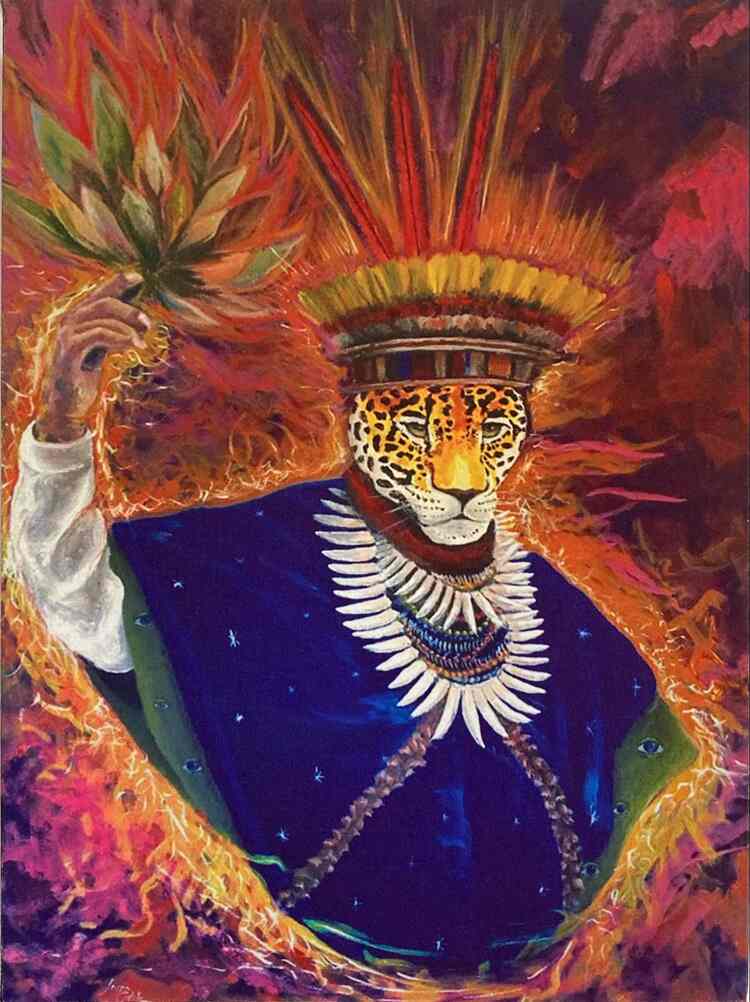 A shaman with the head of a jaguar and wearing a feather headdress waves a bushel of dried leaves, one of the tools of Kamëntsá shamanism.