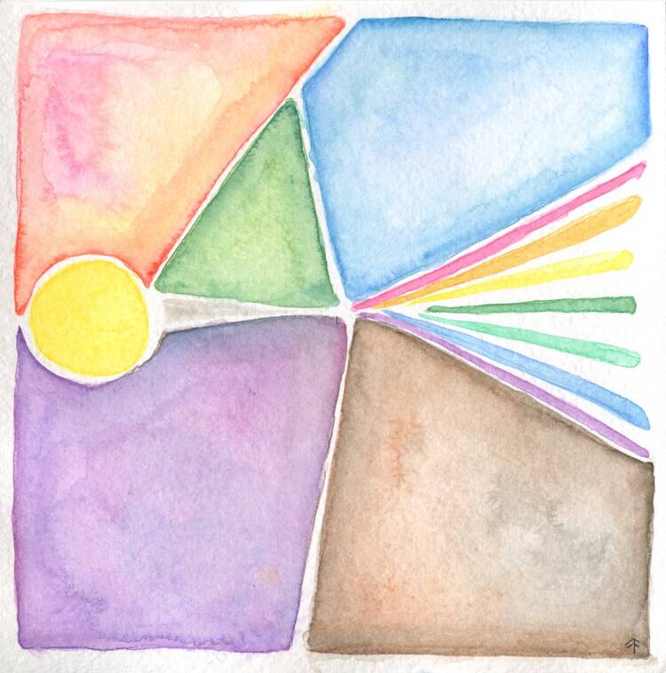 Watercolor painting of abstract shapes in pride colors