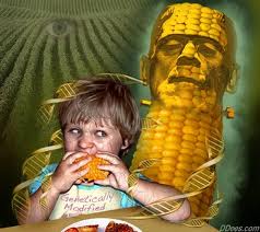 A child eating a burger, with a corn cob with a face in the background