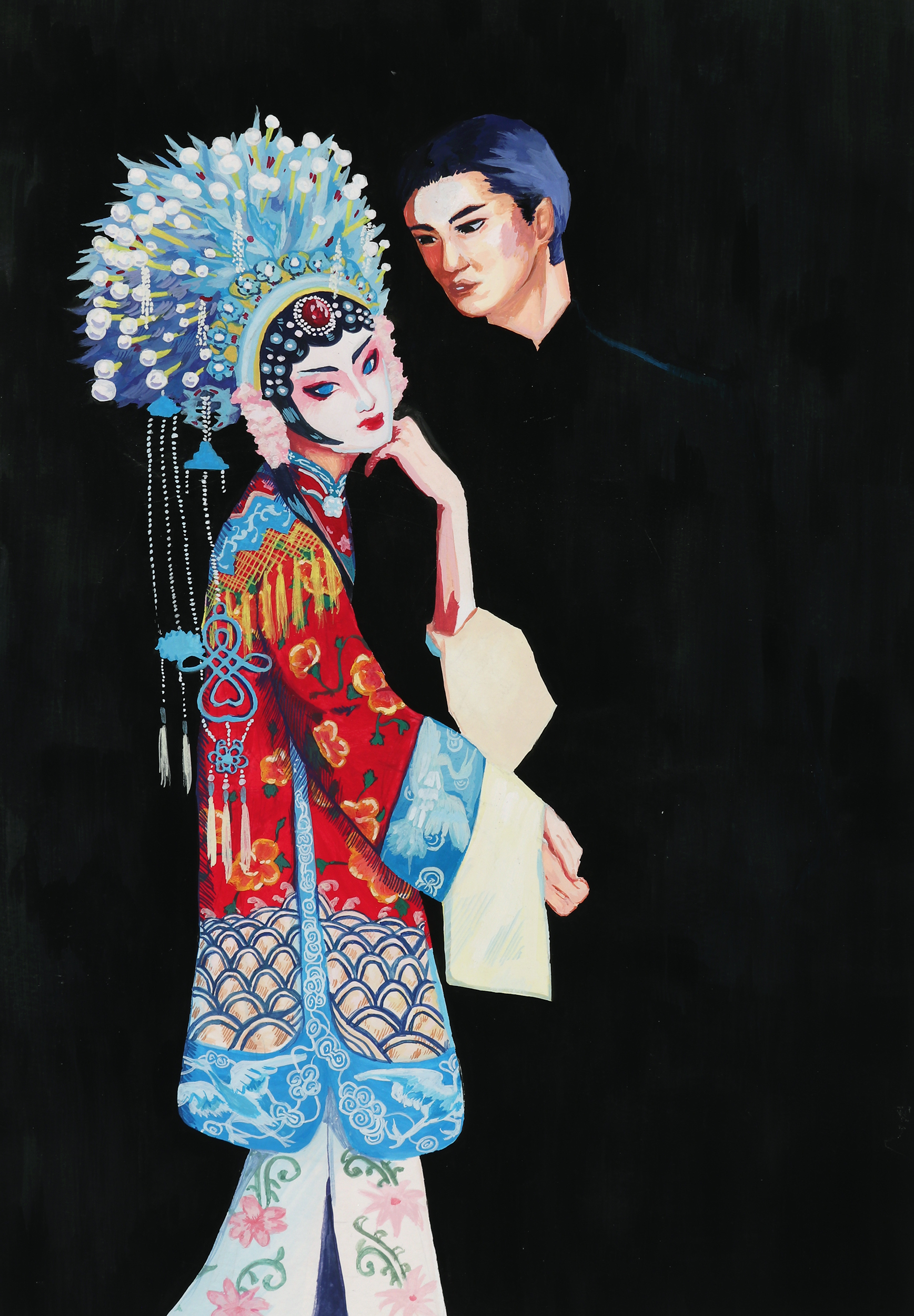 Male actor who performs female role standing in full Beijing opera atire, (crown, beautiful bright gown) and is held by costar man in black fading into black background